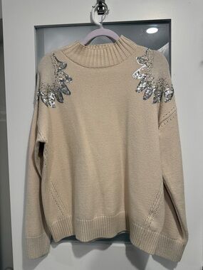Sequin Shoulder Detail Cream Turtleneck Sweater